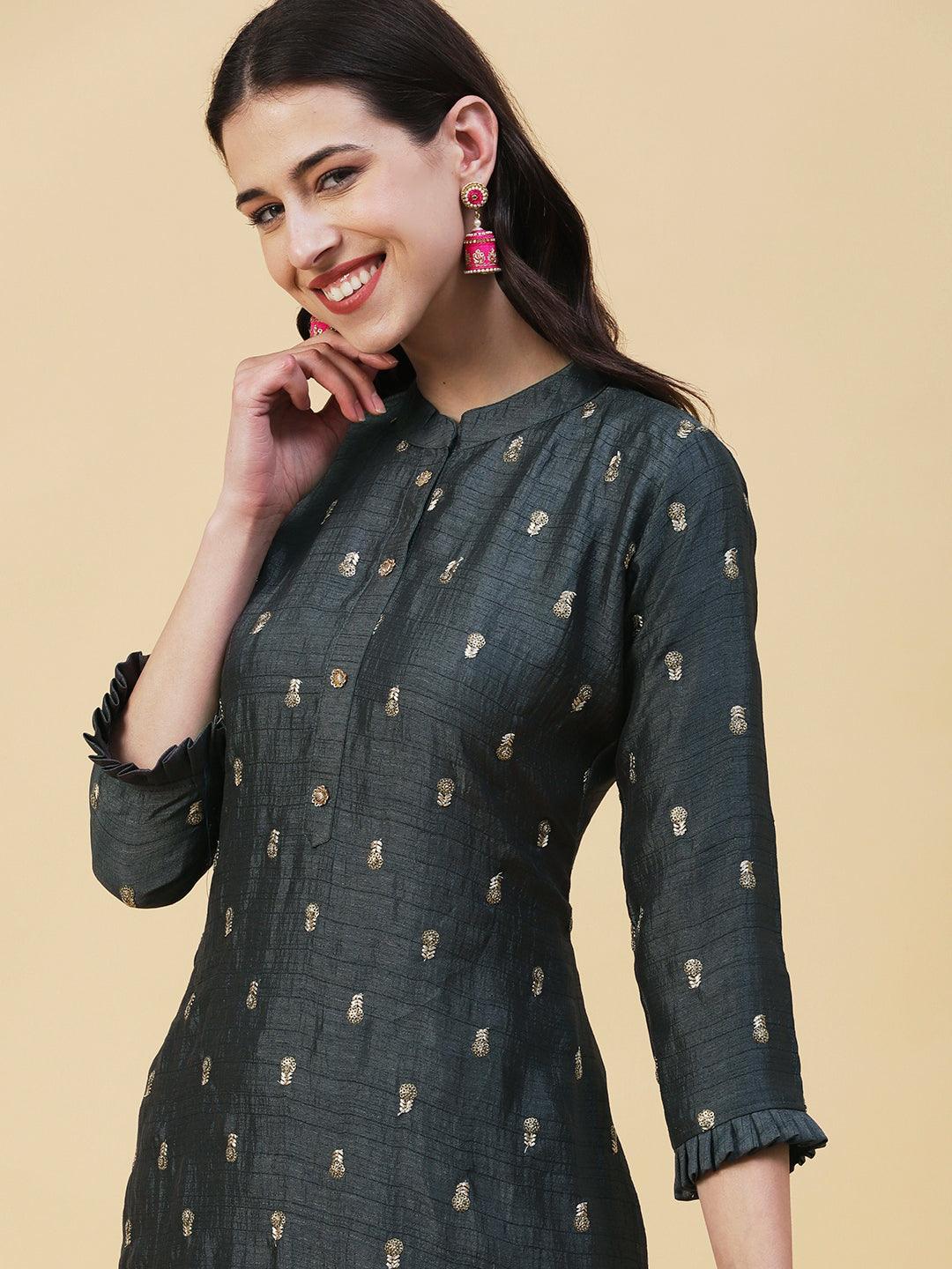 Solid Zari & Sequins Embroidered Floral Kurta - Charcoal - Indiakreations