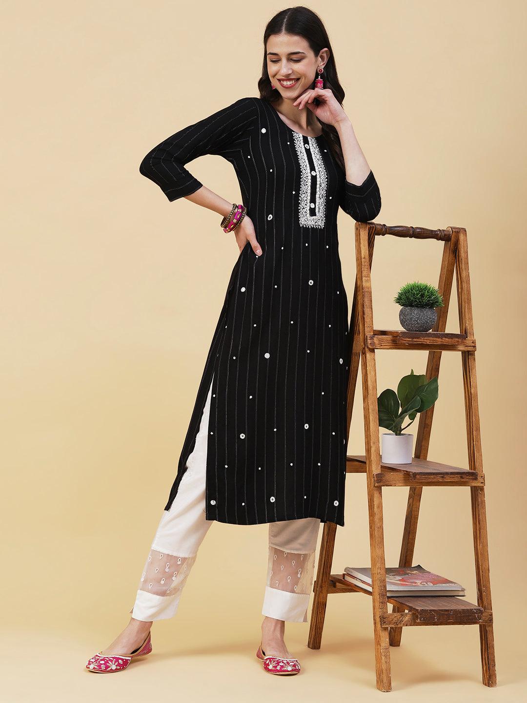 Woven Lurex Striped Mirror & Beads Embroidered Kurta - Black - Indiakreations