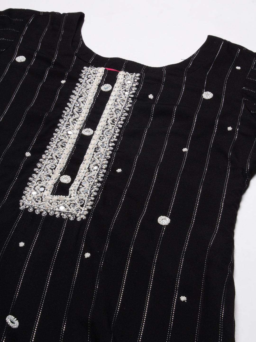 Woven Lurex Striped Mirror & Beads Embroidered Kurta - Black - Indiakreations