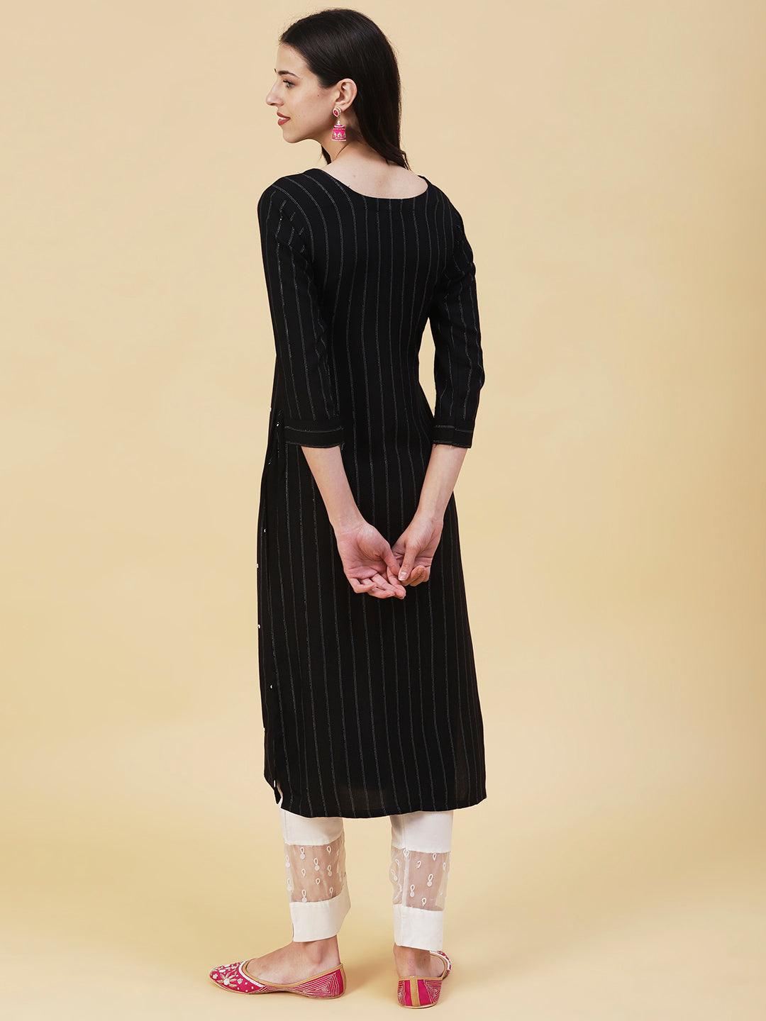 Woven Lurex Striped Mirror & Beads Embroidered Kurta - Black - Indiakreations