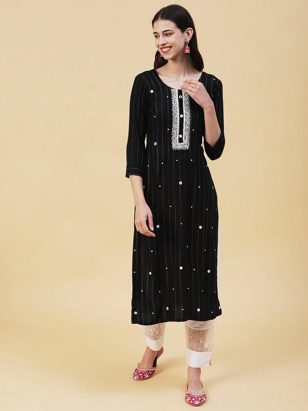 Woven Lurex Striped Mirror & Beads Embroidered Kurta - Black - Indiakreations