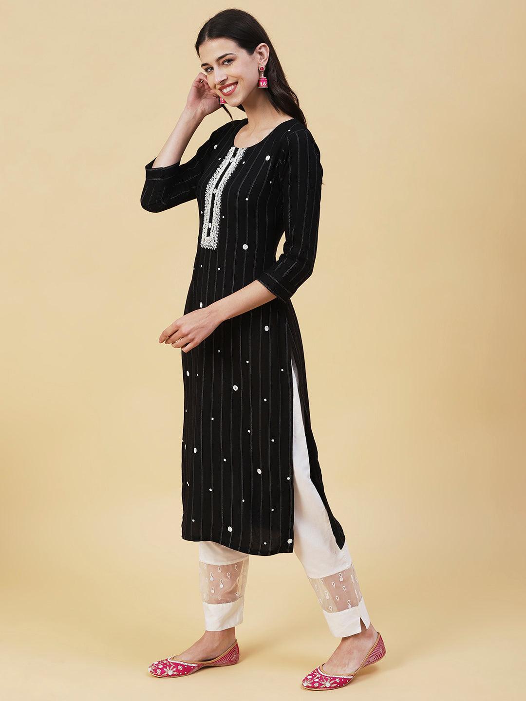 Woven Lurex Striped Mirror & Beads Embroidered Kurta - Black - Indiakreations