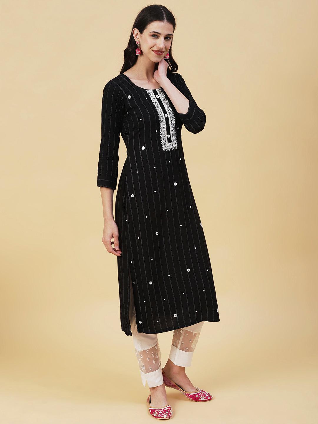 Woven Lurex Striped Mirror & Beads Embroidered Kurta - Black - Indiakreations