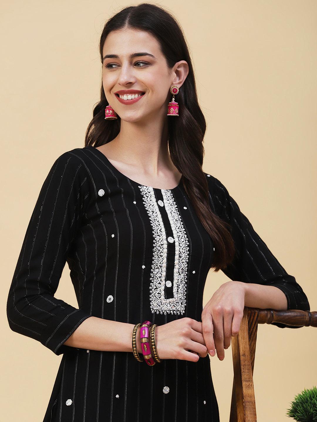 Woven Lurex Striped Mirror & Beads Embroidered Kurta - Black - Indiakreations