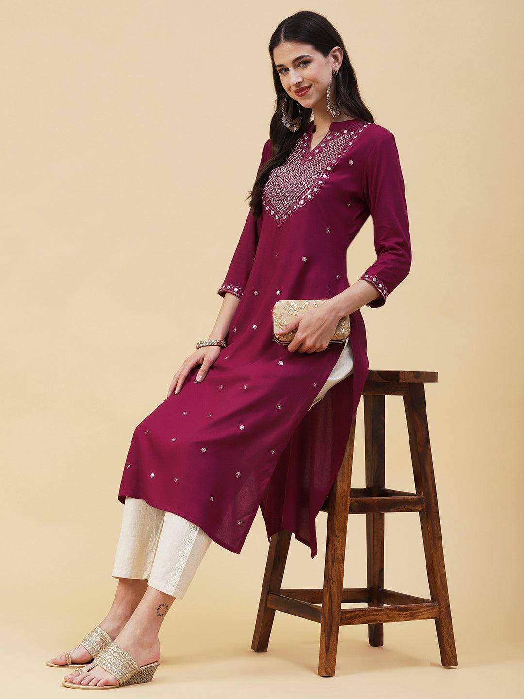 Solid Zari, Mirror & Sequins Embroidered Kurta - Maroon - Indiakreations