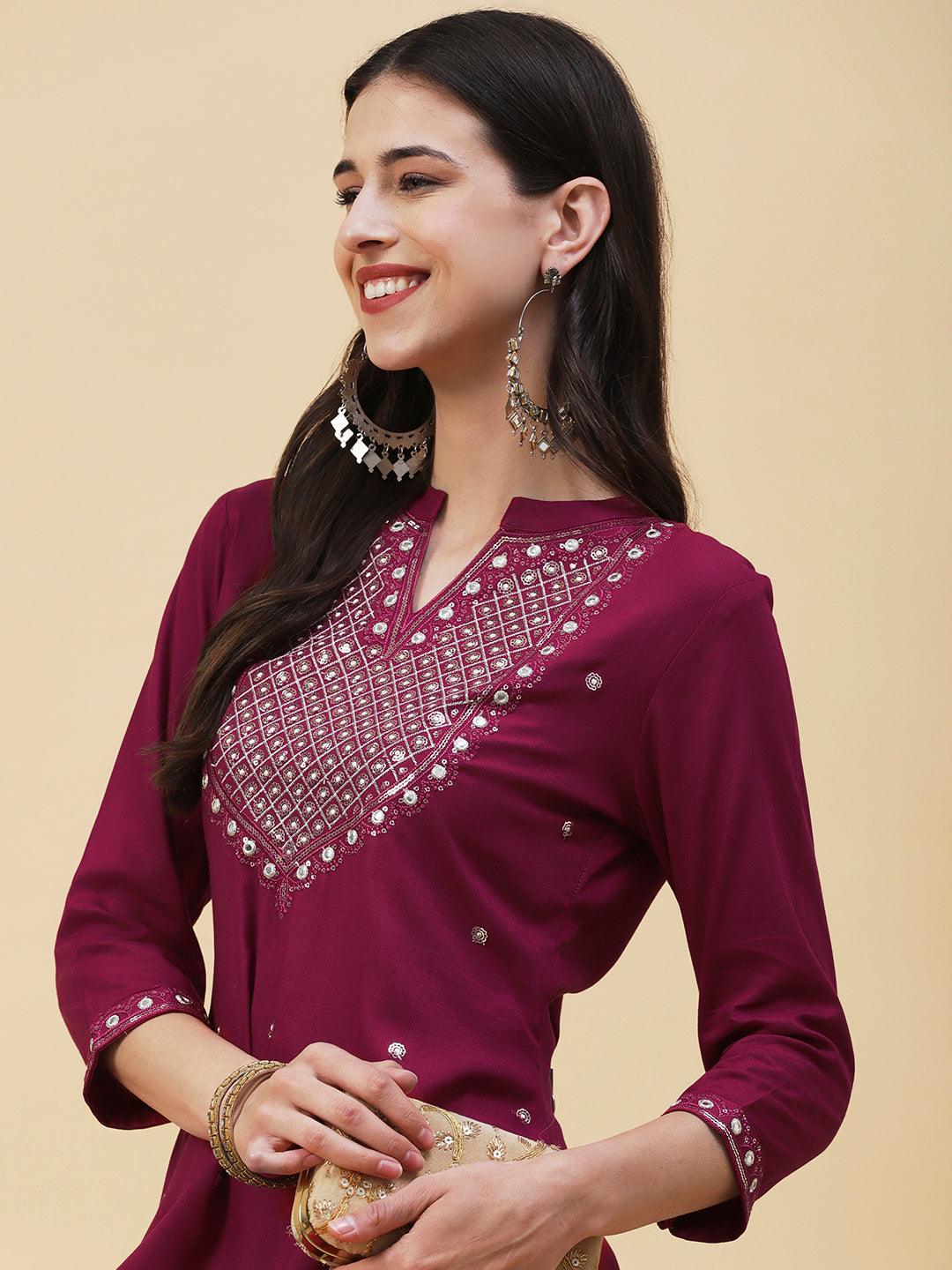 Solid Zari, Mirror & Sequins Embroidered Kurta - Maroon - Indiakreations