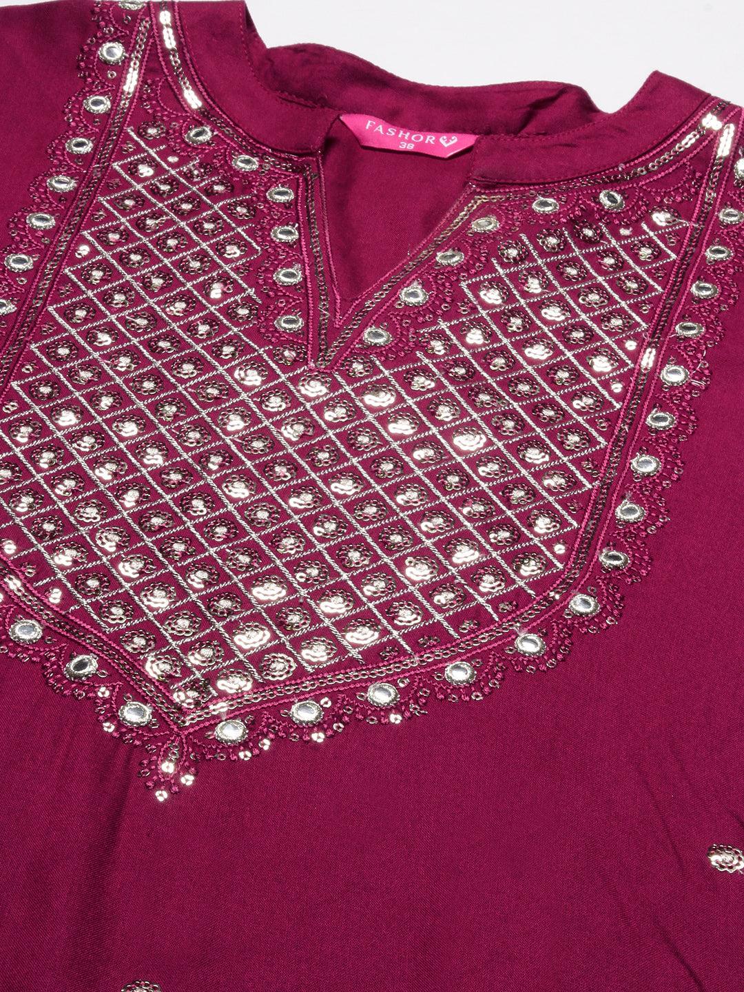 Solid Zari, Mirror & Sequins Embroidered Kurta - Maroon - Indiakreations