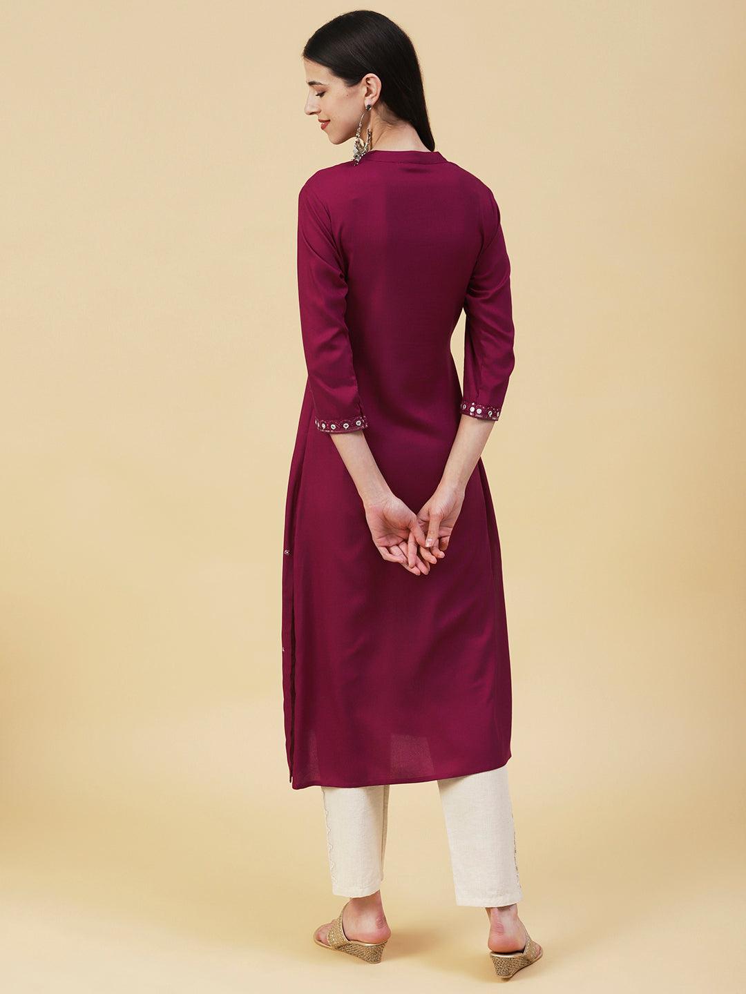 Solid Zari, Mirror & Sequins Embroidered Kurta - Maroon - Indiakreations