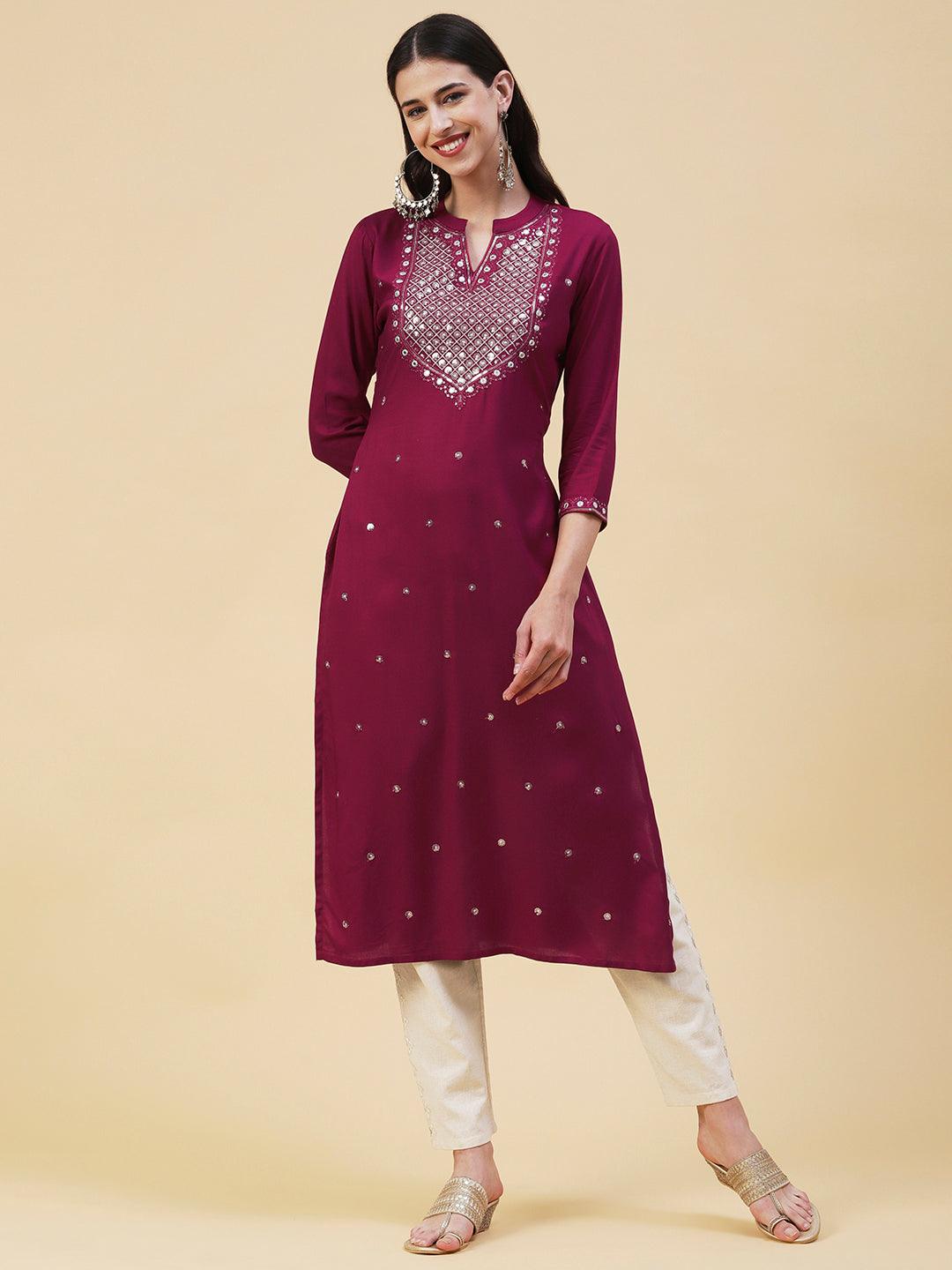 Solid Zari, Mirror & Sequins Embroidered Kurta - Maroon - Indiakreations