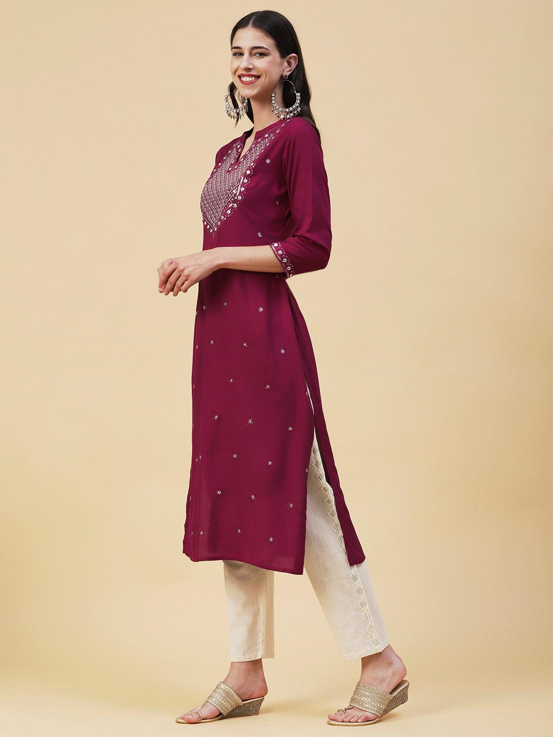 Solid Zari, Mirror & Sequins Embroidered Kurta - Maroon - Indiakreations