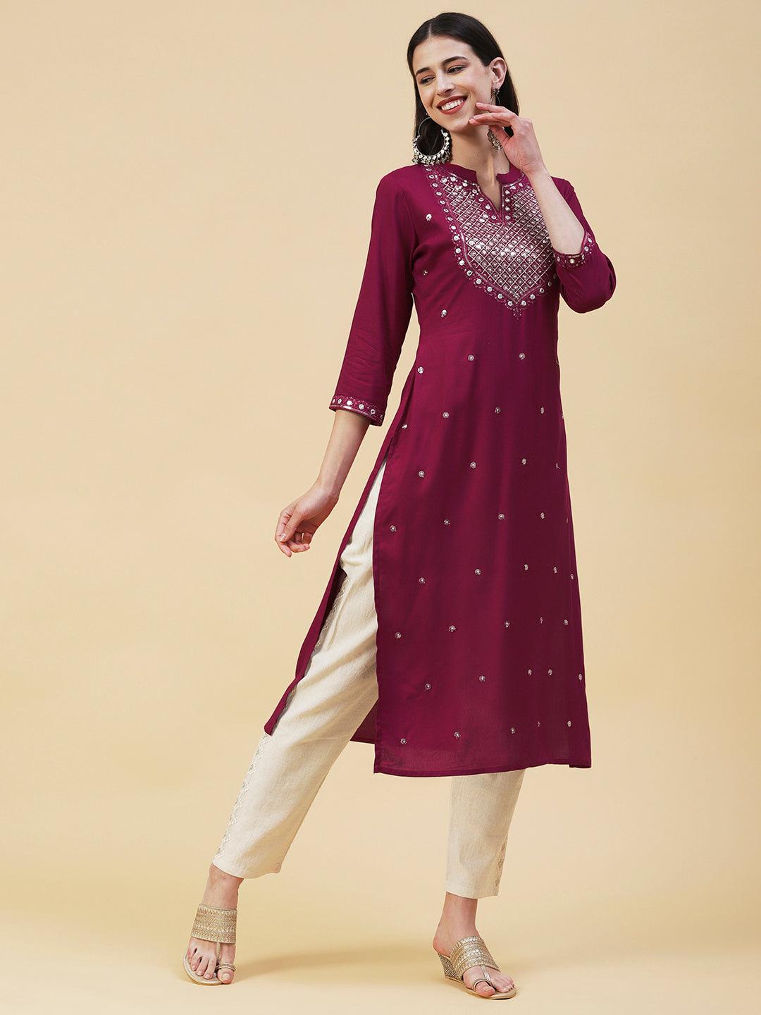 Solid Zari, Mirror & Sequins Embroidered Kurta - Maroon - Indiakreations