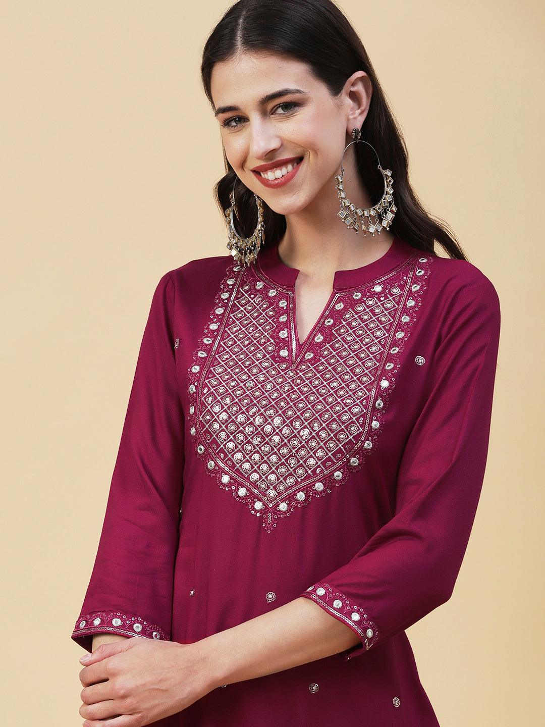 Solid Zari, Mirror & Sequins Embroidered Kurta - Maroon - Indiakreations