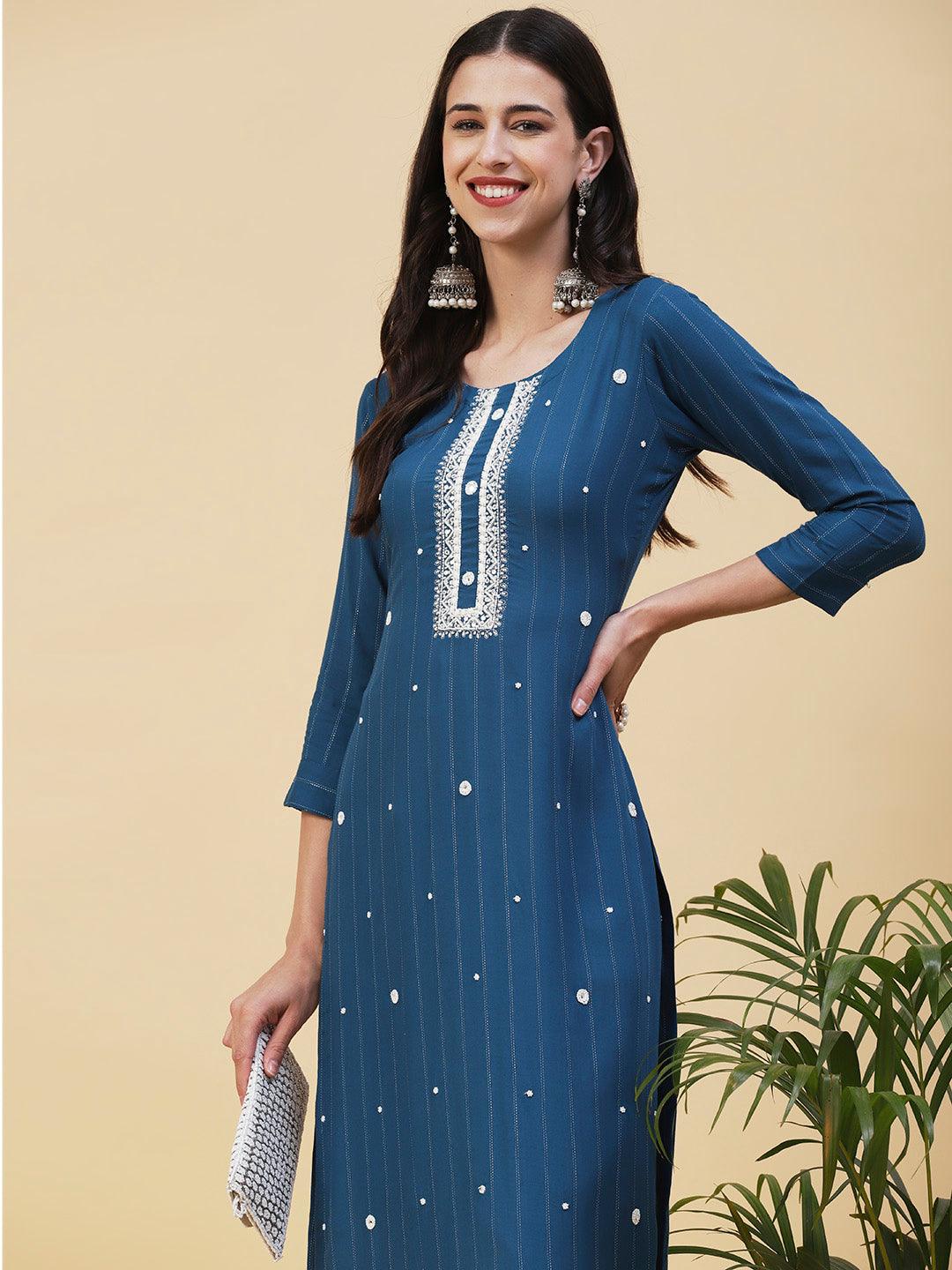 Woven Lurex Striped Mirror & Beads Embroidered Kurta - Teal - Indiakreations