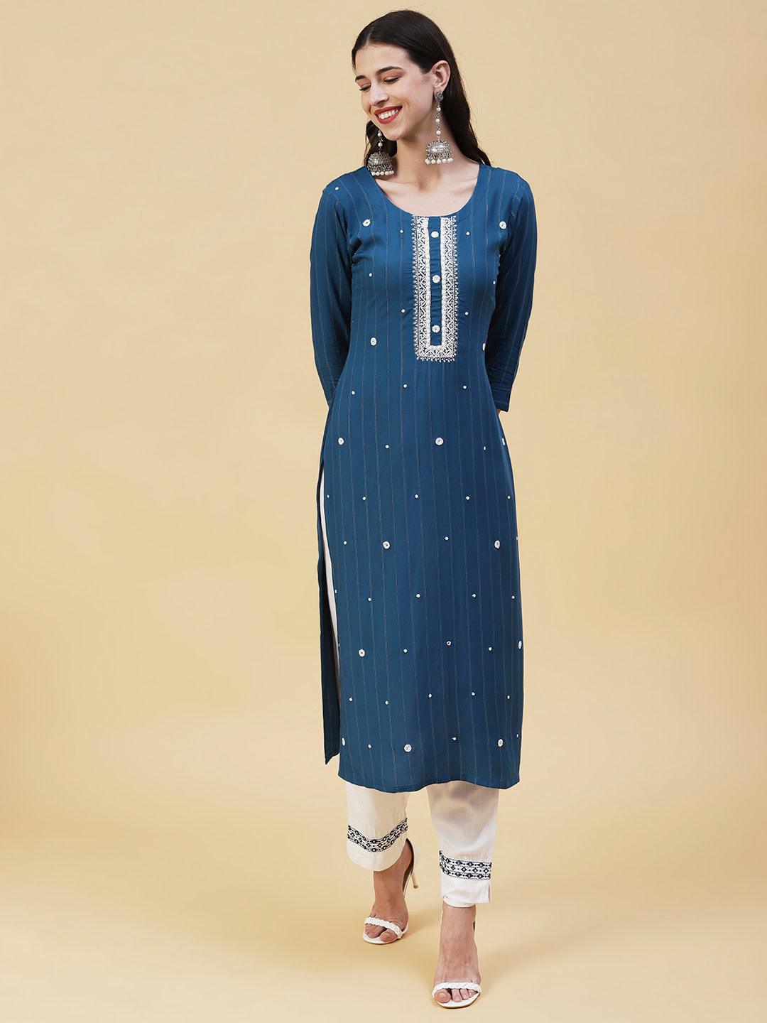 Woven Lurex Striped Mirror & Beads Embroidered Kurta - Teal - Indiakreations