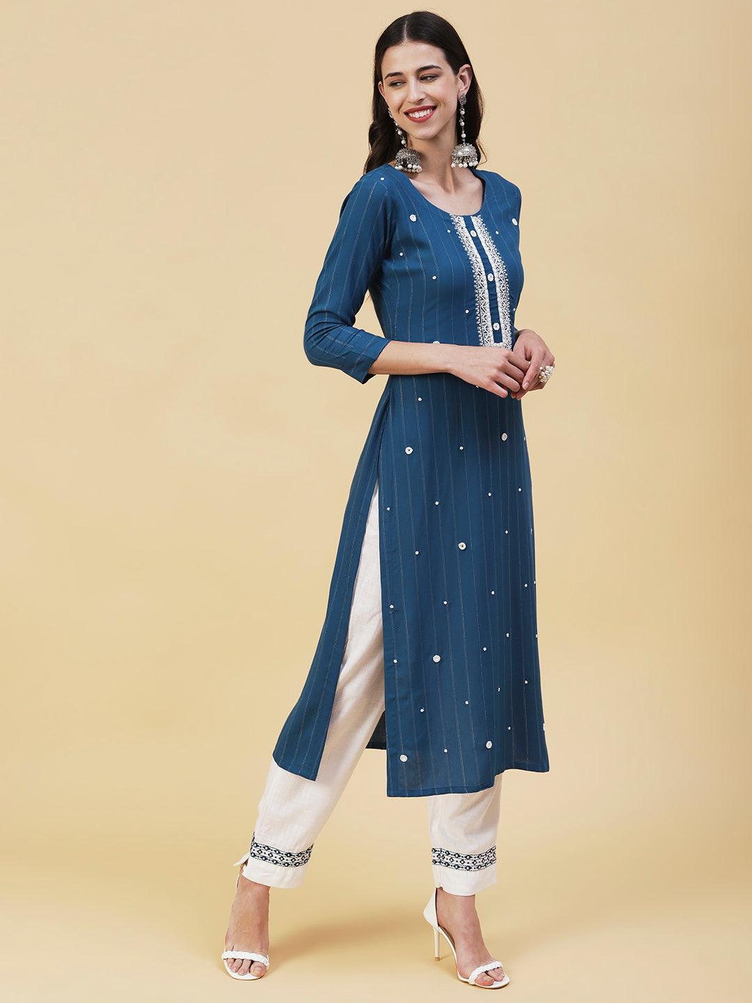 Woven Lurex Striped Mirror & Beads Embroidered Kurta - Teal - Indiakreations