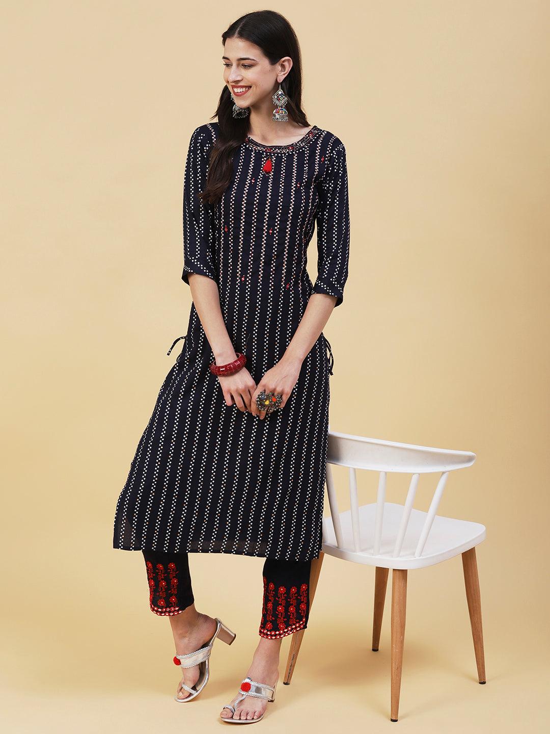 Ethnic Striped Mirror & Hotfix Embroidered Kurta With Embroidered Pants - Navy Blue - Indiakreations