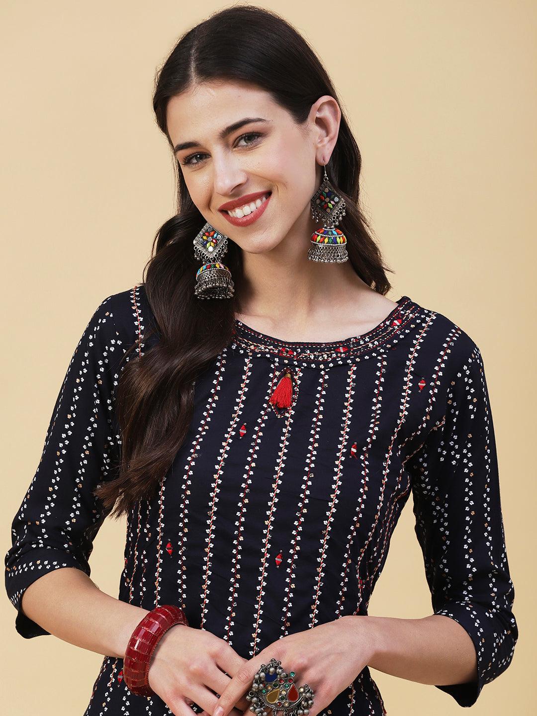 Ethnic Striped Mirror & Hotfix Embroidered Kurta With Embroidered Pants - Navy Blue - Indiakreations