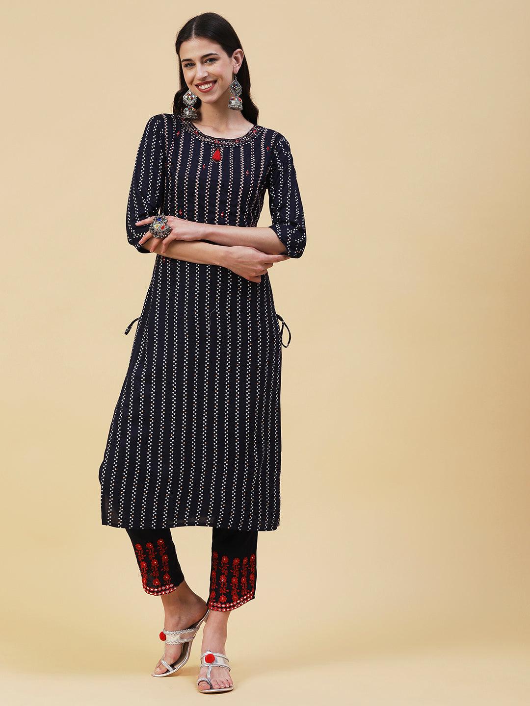 Ethnic Striped Mirror & Hotfix Embroidered Kurta With Embroidered Pants - Navy Blue - Indiakreations