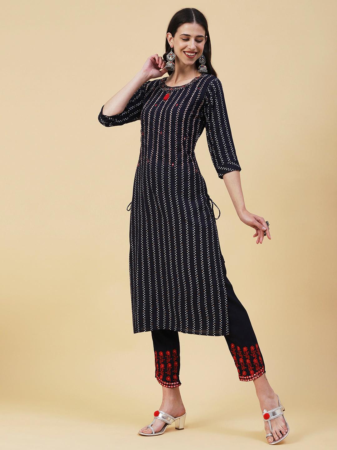 Ethnic Striped Mirror & Hotfix Embroidered Kurta With Embroidered Pants - Navy Blue - Indiakreations