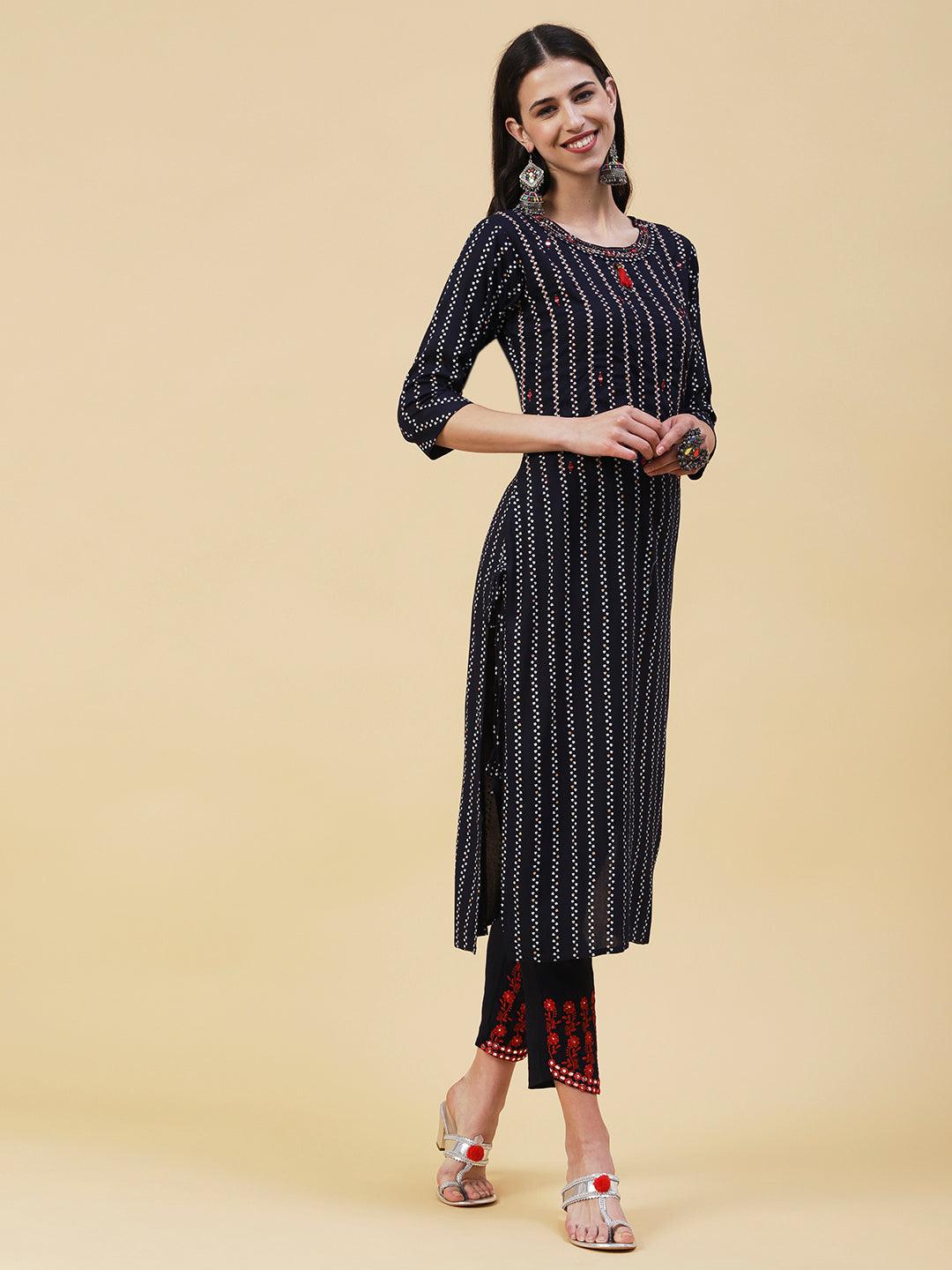 Ethnic Striped Mirror & Hotfix Embroidered Kurta With Embroidered Pants - Navy Blue - Indiakreations