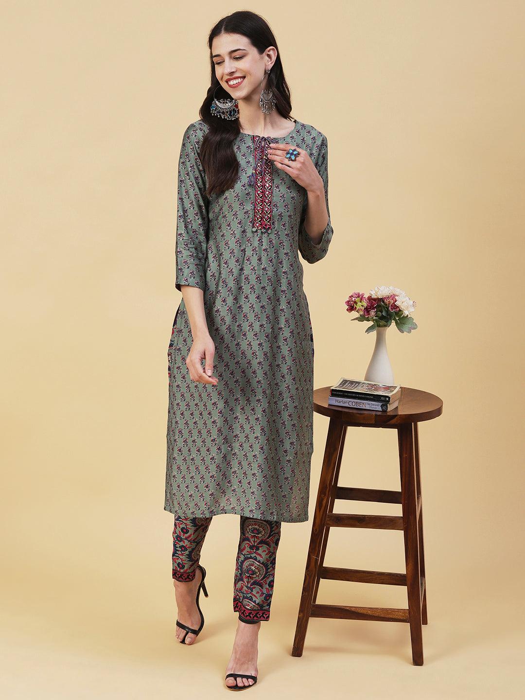 Ethnic Printed Straight Fit Kurta with Pant - Green - Indiakreations