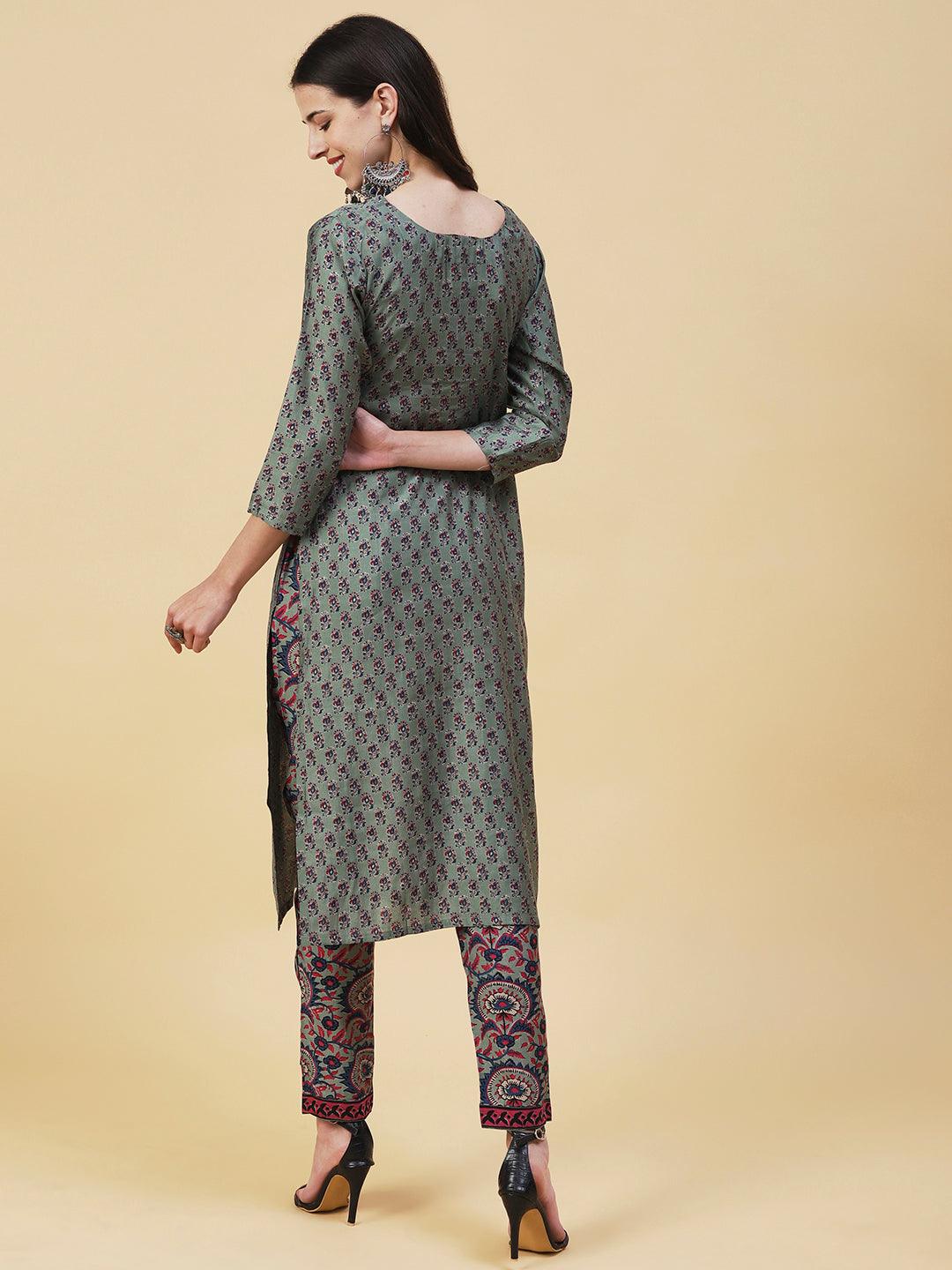 Ethnic Printed Straight Fit Kurta with Pant - Green - Indiakreations