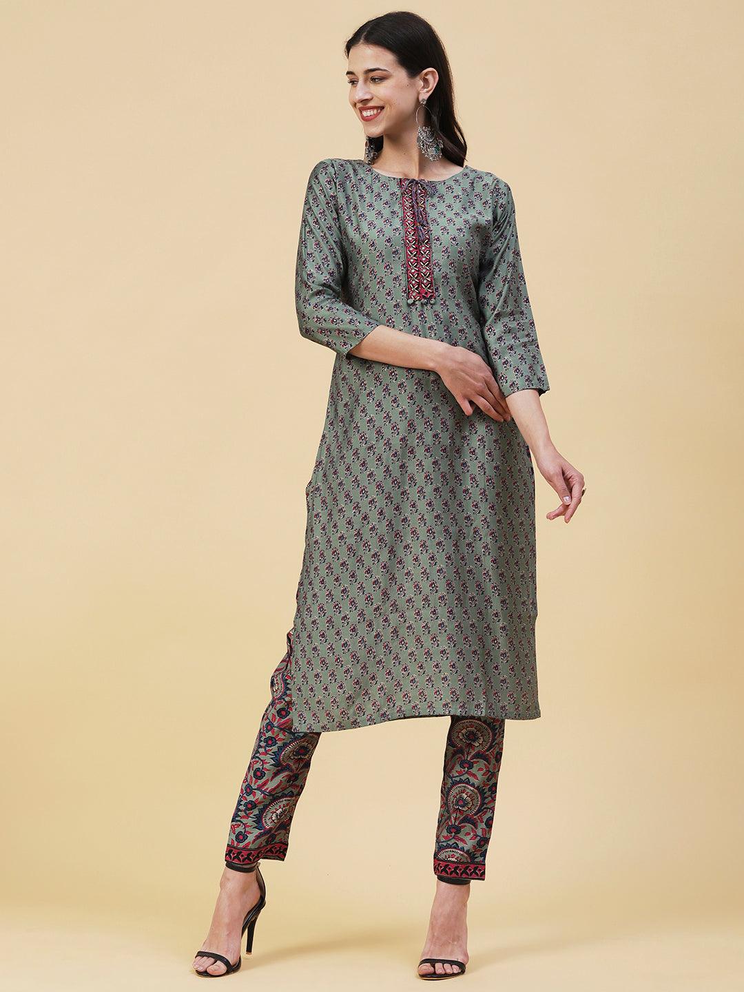 Ethnic Printed Straight Fit Kurta with Pant - Green - Indiakreations