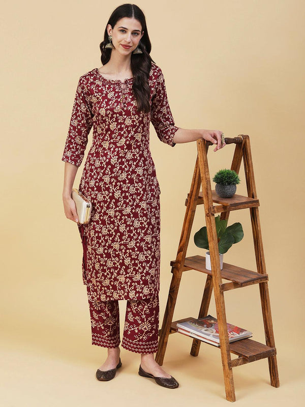 Floral Printed Mirror Embroidered Kurta With Floral Pants - Maroon - Indiakreations