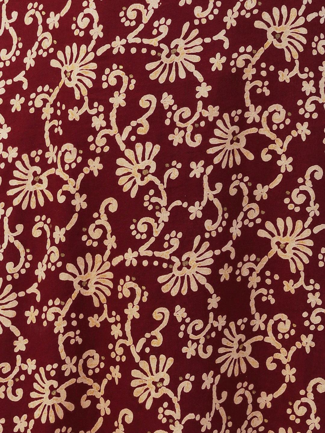 Floral Printed Mirror Embroidered Kurta With Floral Pants - Maroon - Indiakreations