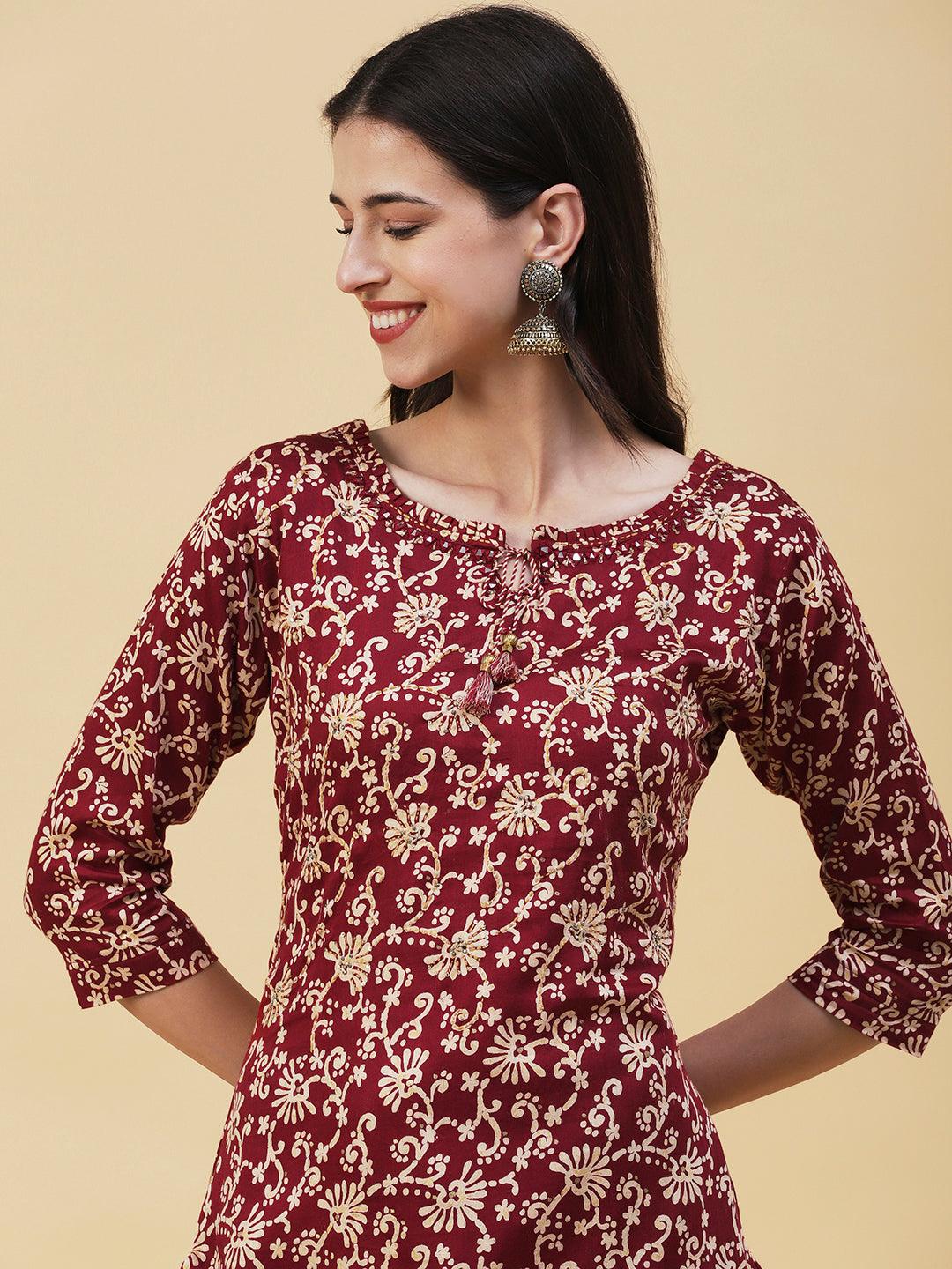 Floral Printed Mirror Embroidered Kurta With Floral Pants - Maroon - Indiakreations