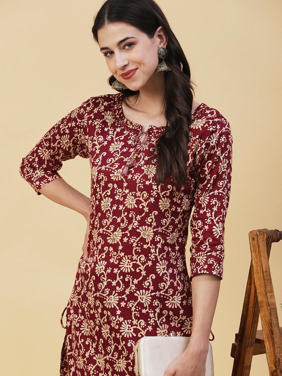 Floral Printed Mirror Embroidered Kurta With Floral Pants - Maroon - Indiakreations