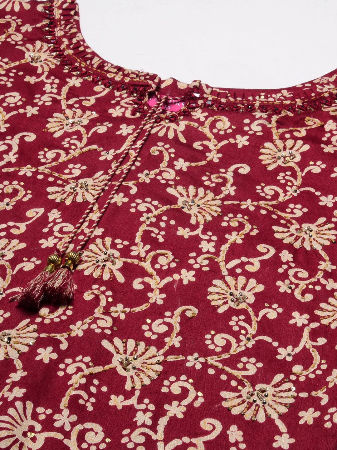 Floral Printed Mirror Embroidered Kurta With Floral Pants - Maroon - Indiakreations