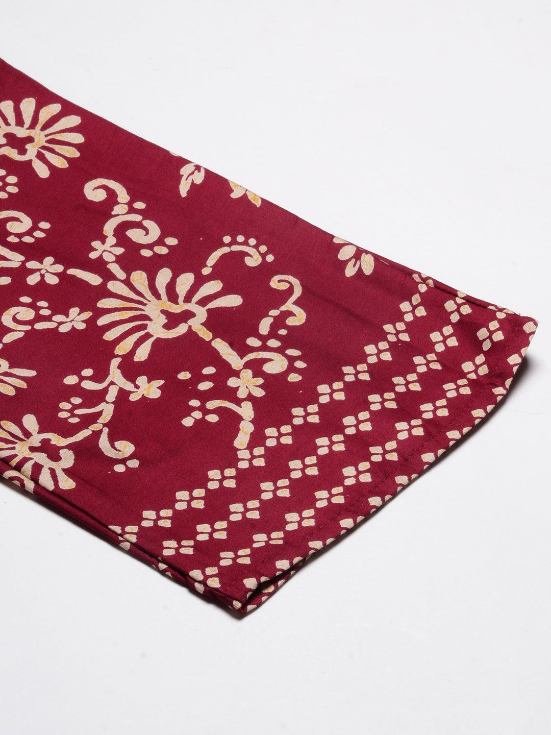 Floral Printed Mirror Embroidered Kurta With Floral Pants - Maroon - Indiakreations