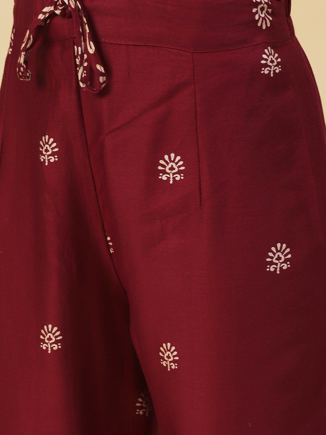 Floral Printed Mirror Embroidered Kurta With Floral Pants - Maroon - Indiakreations