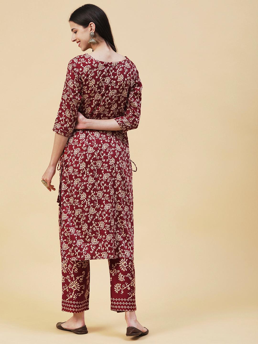 Floral Printed Mirror Embroidered Kurta With Floral Pants - Maroon - Indiakreations