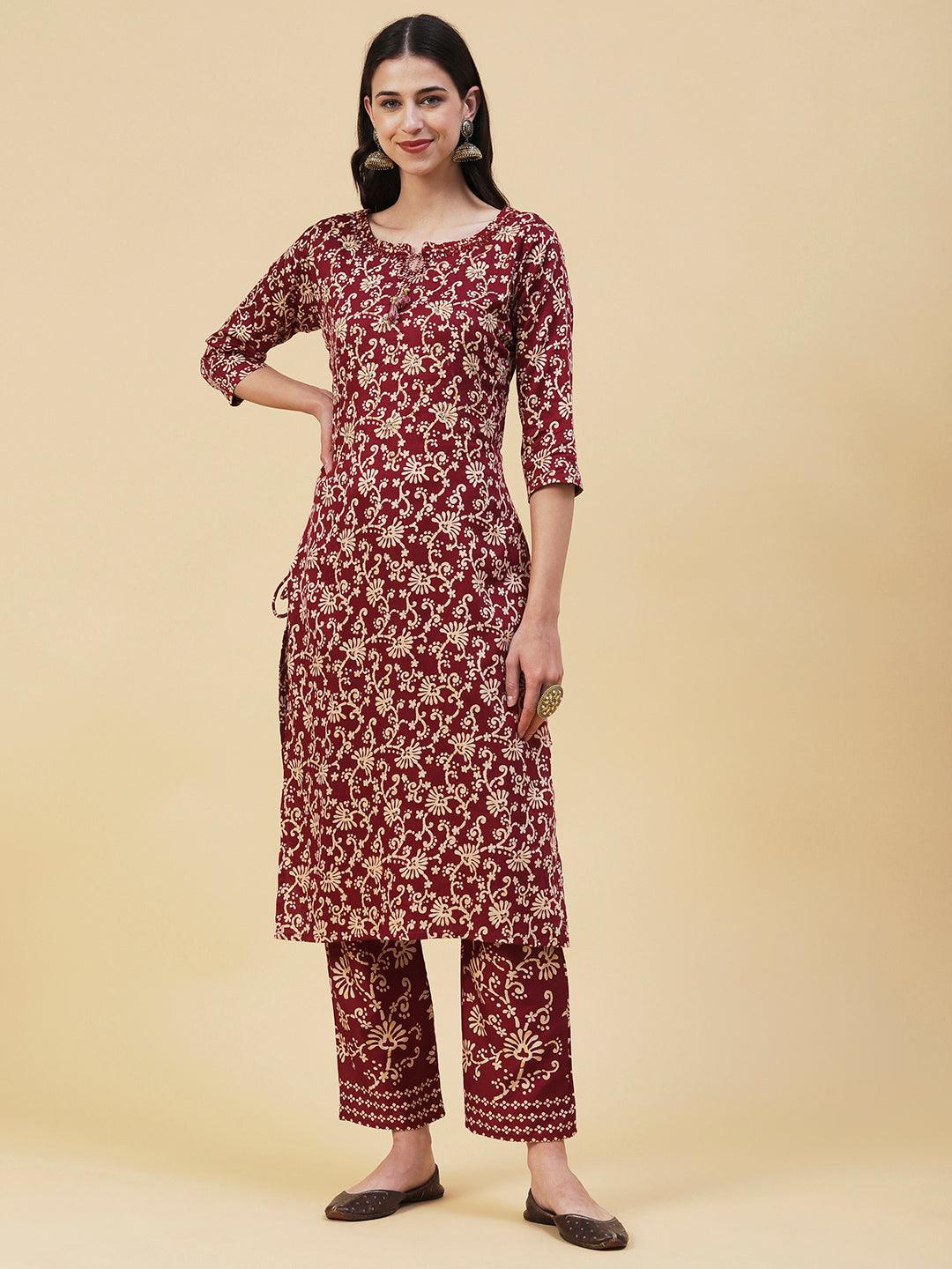 Floral Printed Mirror Embroidered Kurta With Floral Pants - Maroon - Indiakreations