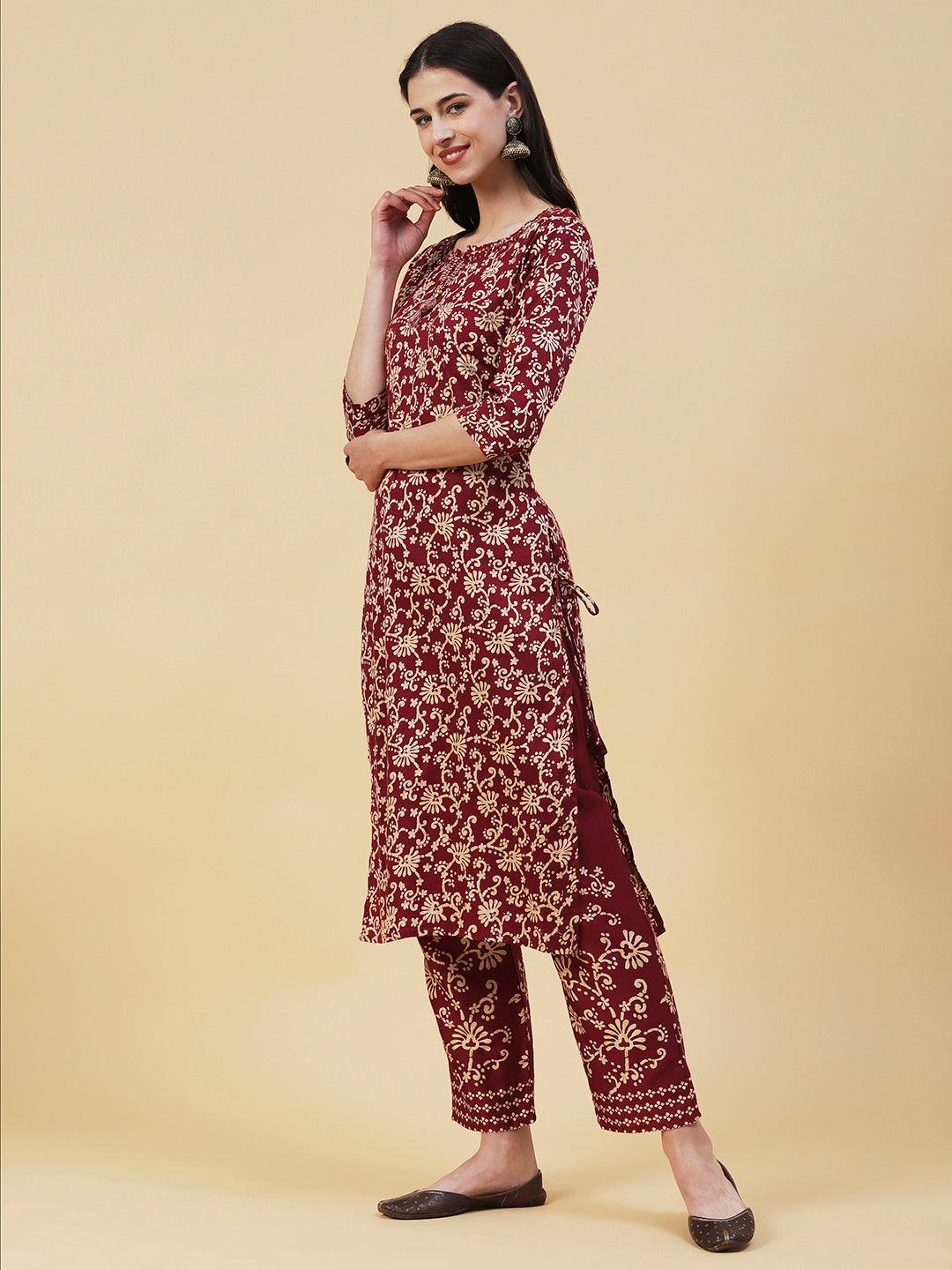 Floral Printed Mirror Embroidered Kurta With Floral Pants - Maroon - Indiakreations