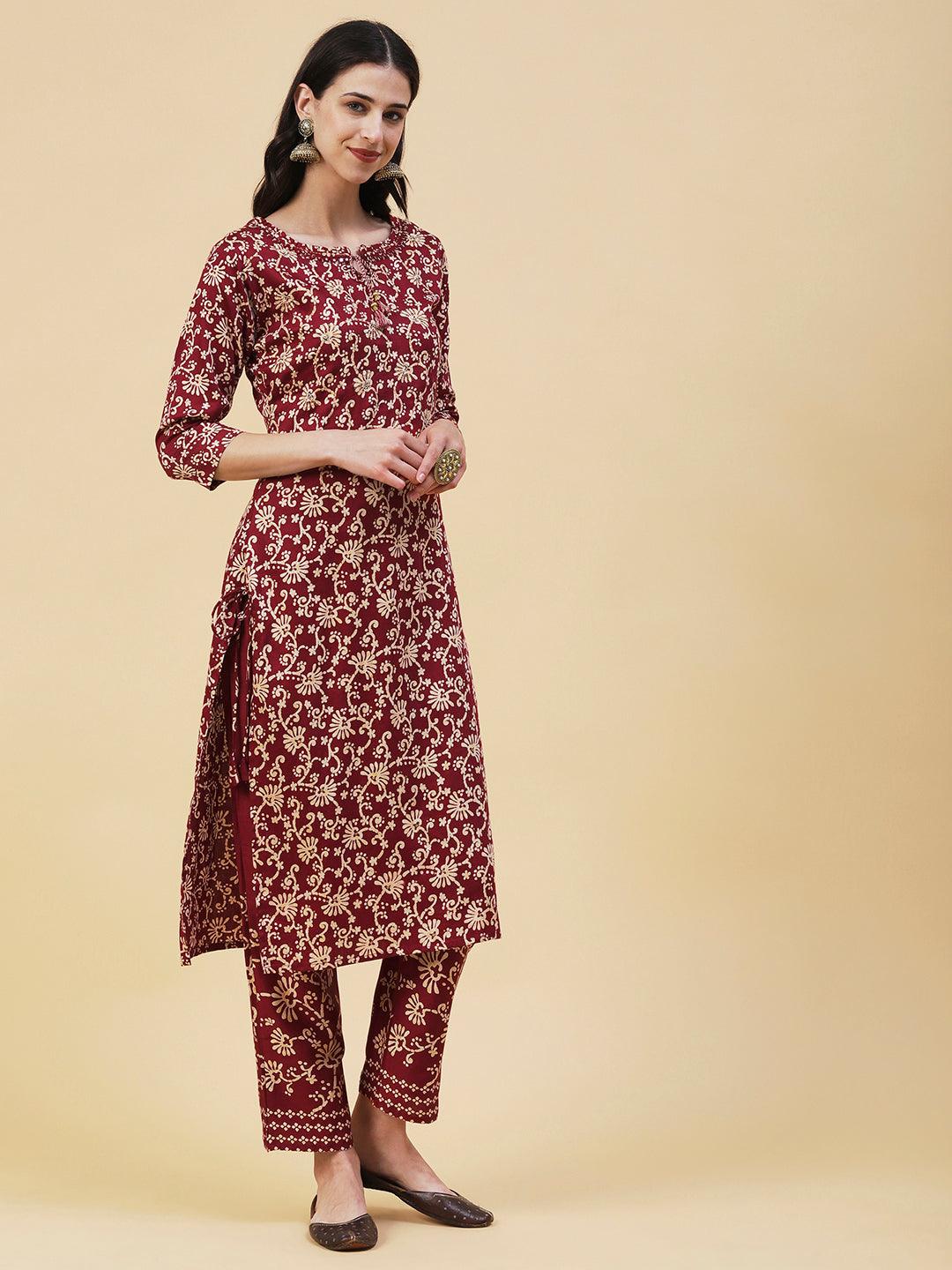 Floral Printed Mirror Embroidered Kurta With Floral Pants - Maroon - Indiakreations