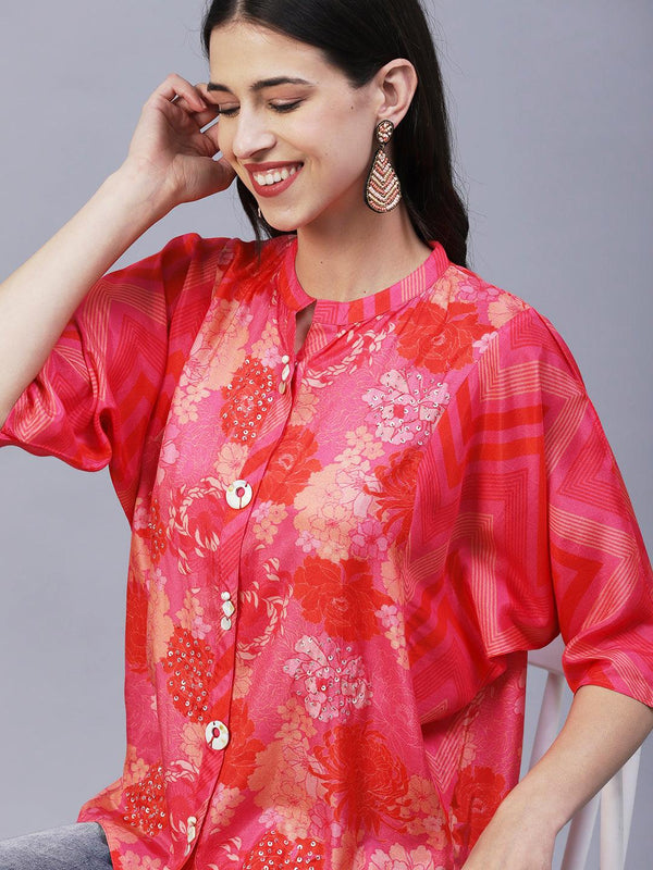 Floral Printed Mother-of-Pearl, Resham & Sequins Embroidered Top - Fuchsia - Indiakreations