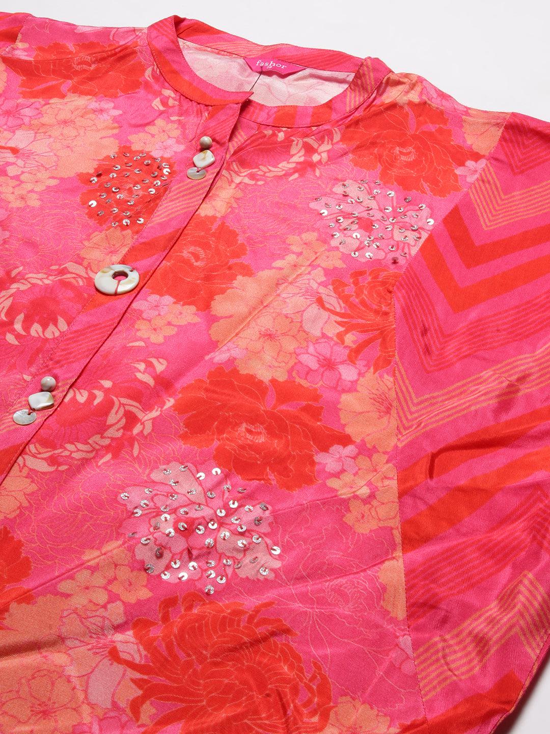 Floral Printed Mother-of-Pearl, Resham & Sequins Embroidered Top - Fuchsia - Indiakreations