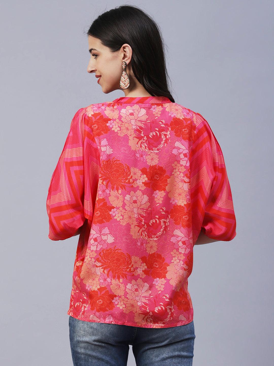 Floral Printed Mother-of-Pearl, Resham & Sequins Embroidered Top - Fuchsia - Indiakreations