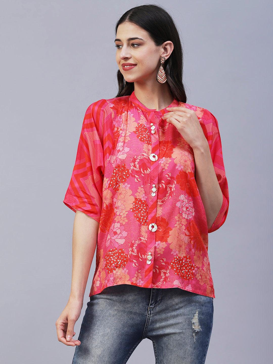 Floral Printed Mother-of-Pearl, Resham & Sequins Embroidered Top - Fuchsia - Indiakreations