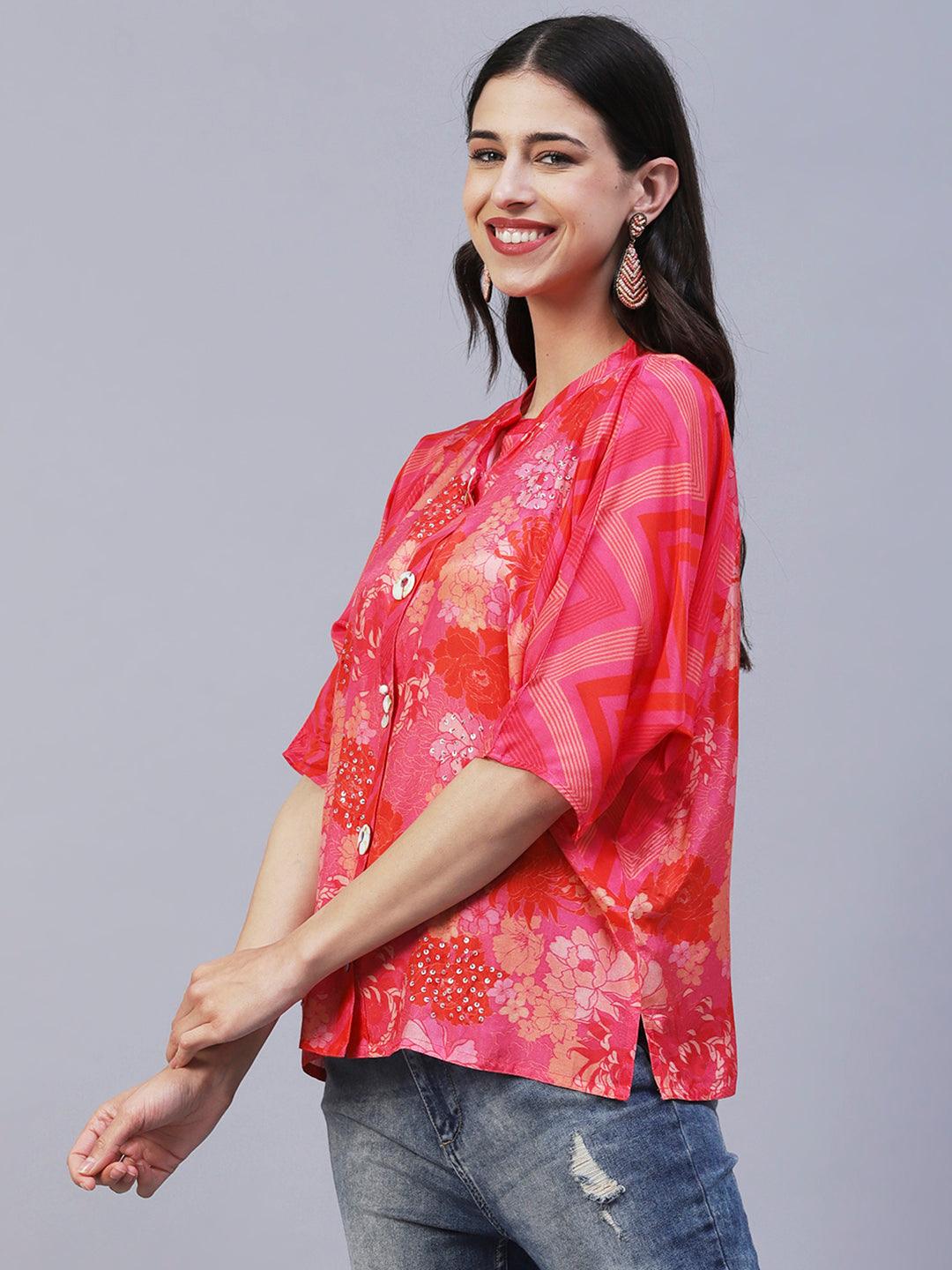 Floral Printed Mother-of-Pearl, Resham & Sequins Embroidered Top - Fuchsia - Indiakreations