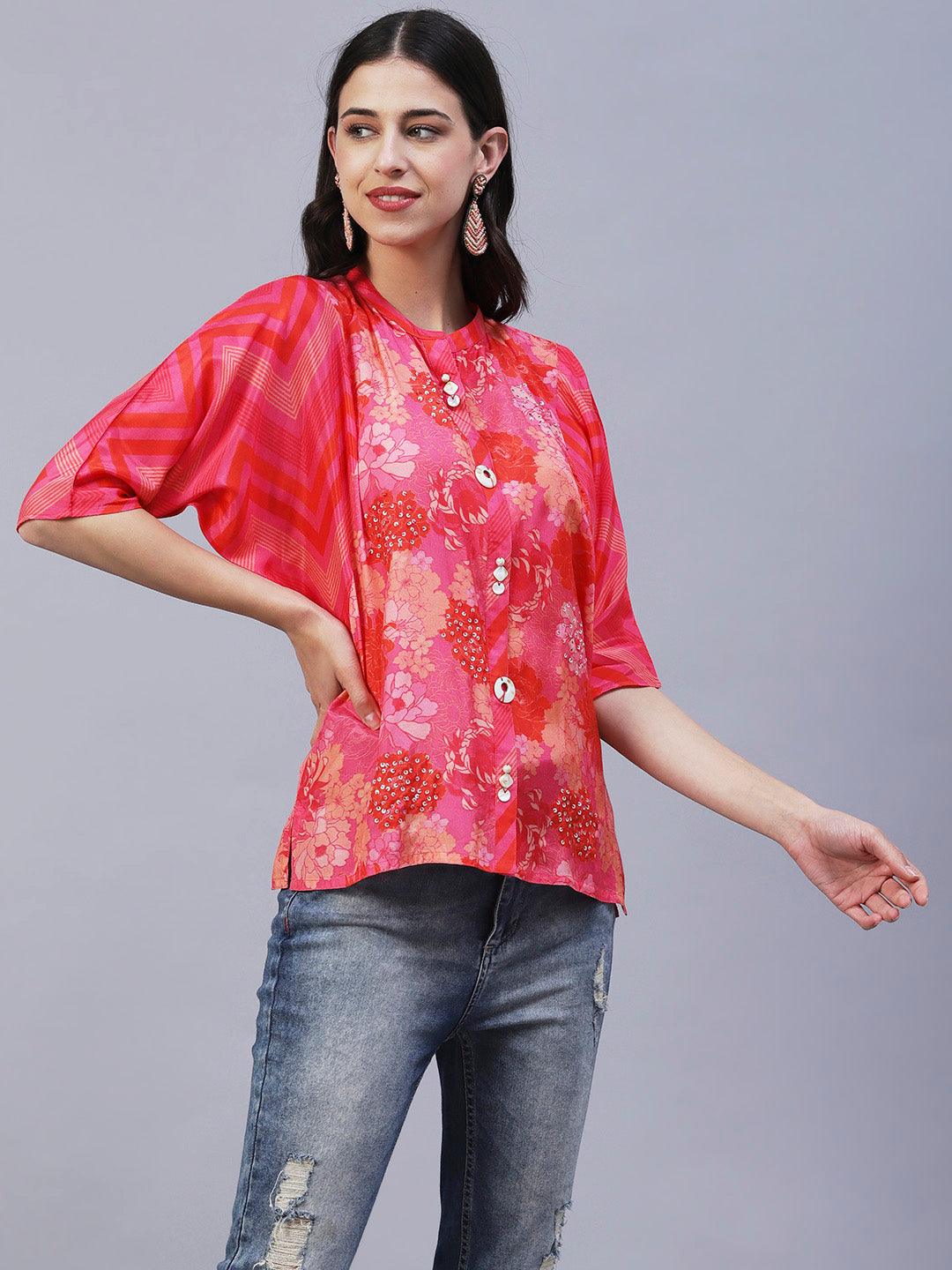 Floral Printed Mother-of-Pearl, Resham & Sequins Embroidered Top - Fuchsia - Indiakreations