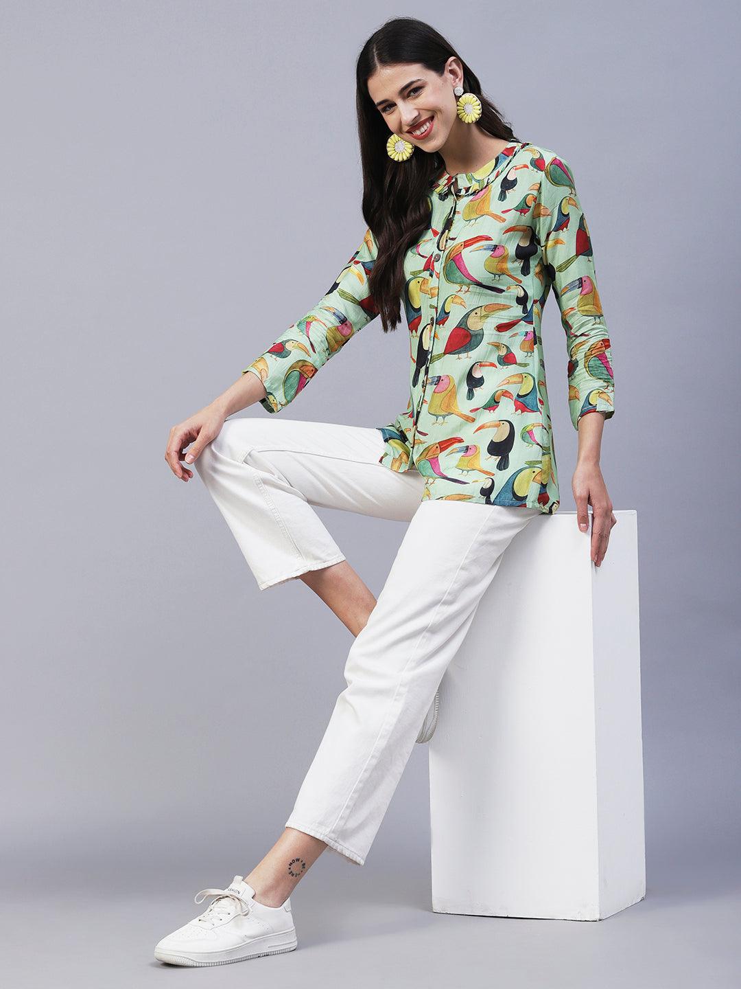 Bird Printed Wooden Buttoned Shirt - Green & Multi - Indiakreations