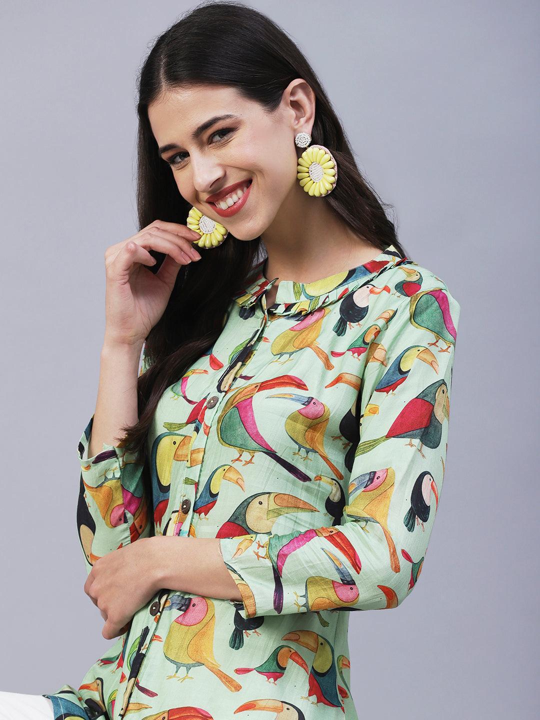 Bird Printed Wooden Buttoned Shirt - Green & Multi - Indiakreations