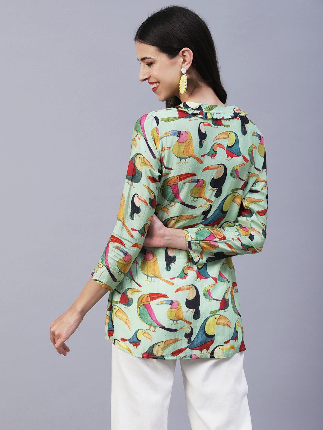 Bird Printed Wooden Buttoned Shirt - Green & Multi - Indiakreations