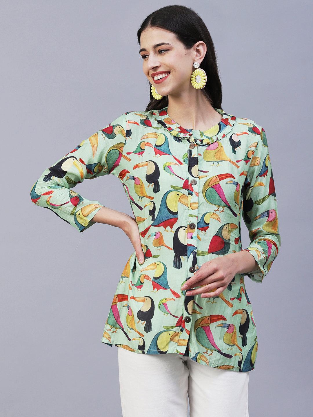 Bird Printed Wooden Buttoned Shirt - Green & Multi - Indiakreations