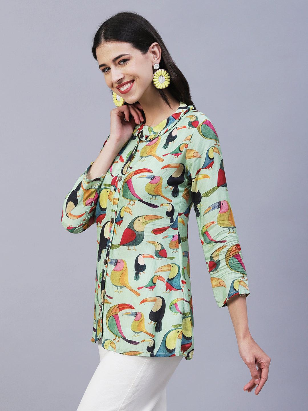 Bird Printed Wooden Buttoned Shirt - Green & Multi - Indiakreations