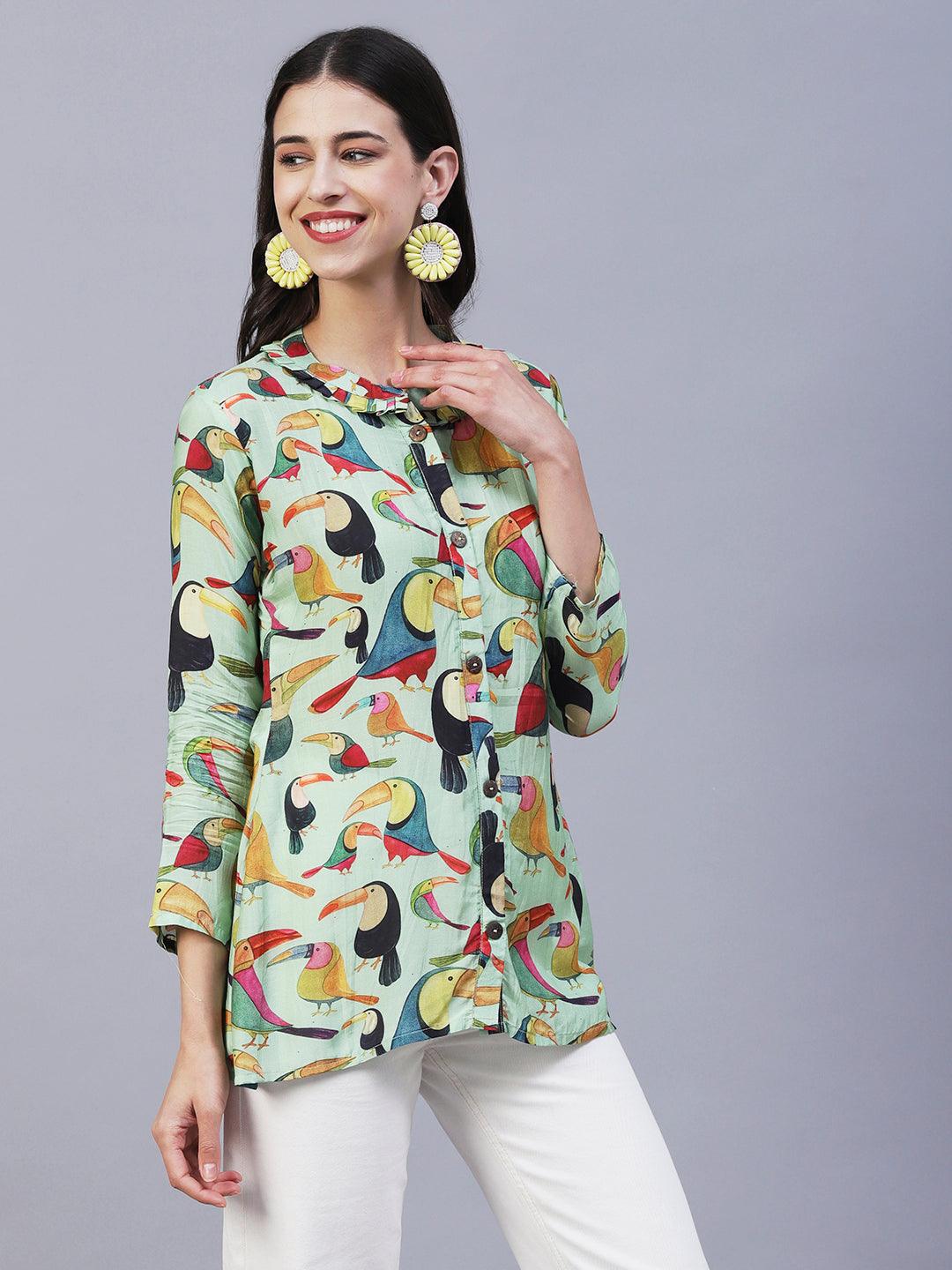 Bird Printed Wooden Buttoned Shirt - Green & Multi - Indiakreations